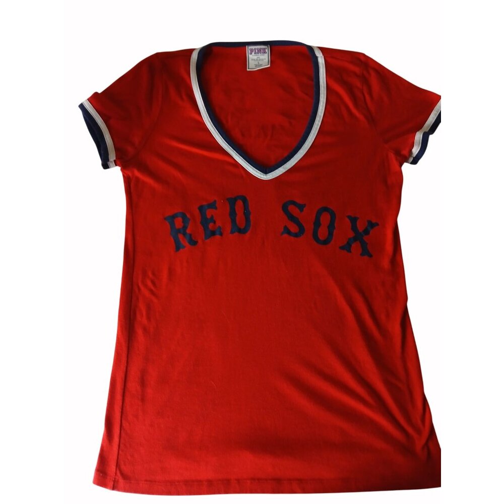 Victorias Secret Pink Red Sox V Neck T Shirt L Boston Play Ball Red Blue White - Picture 10 of 15